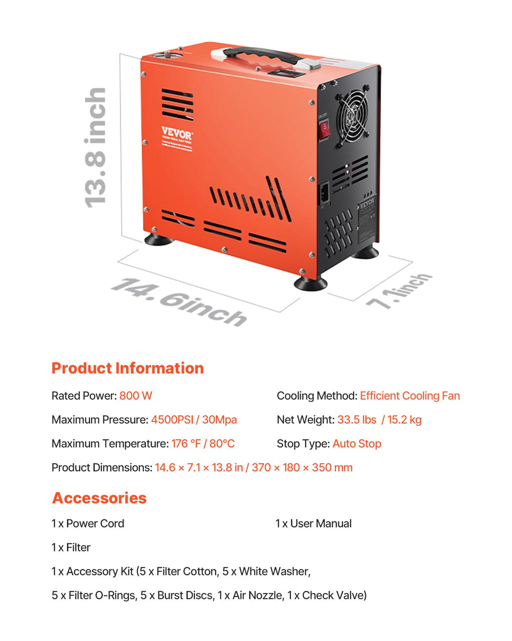 PCP oro kompresorius VEVOR 800W, 30Mpa