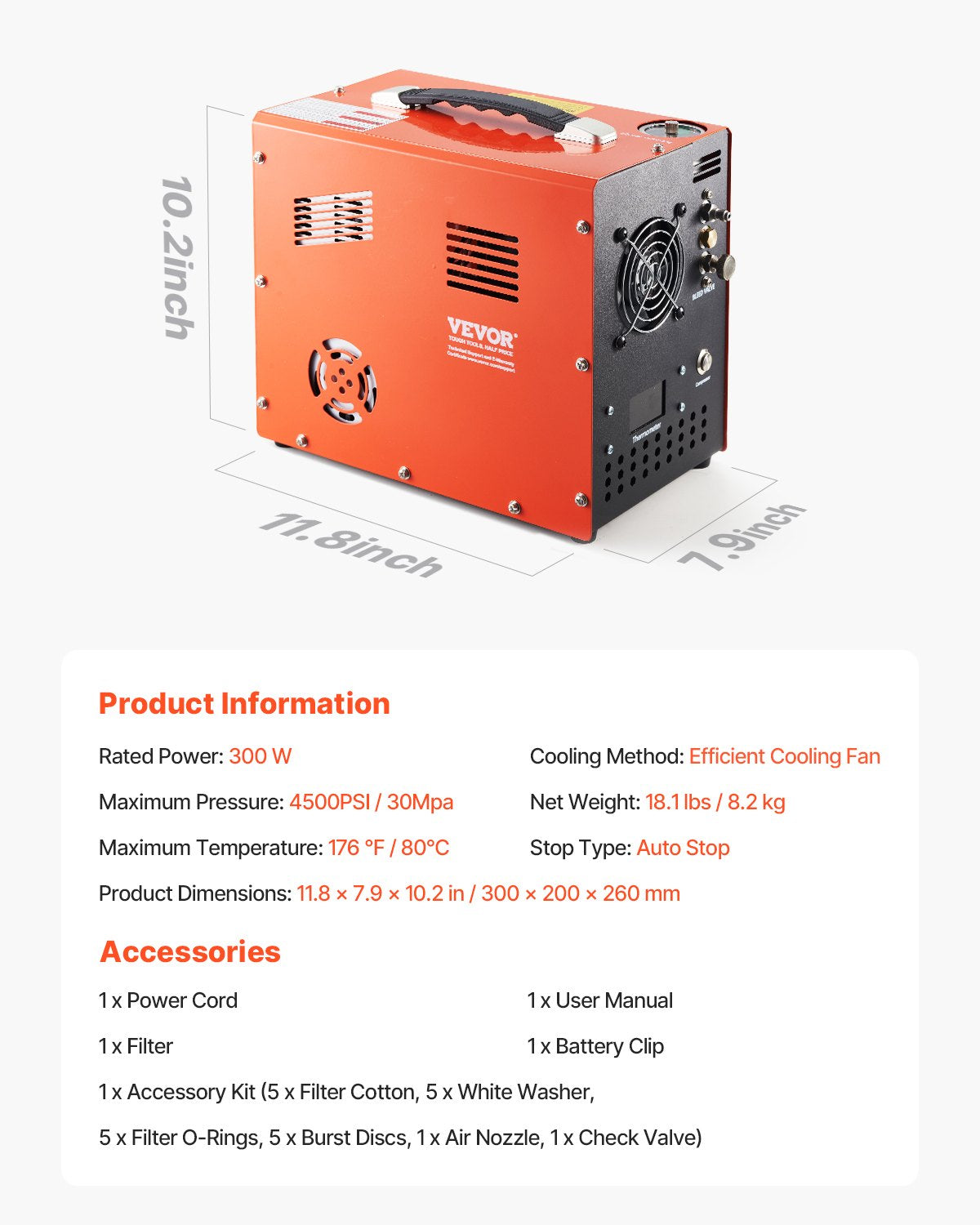 PCP oro kompresorius VEVOR, 4500PSI / 300W