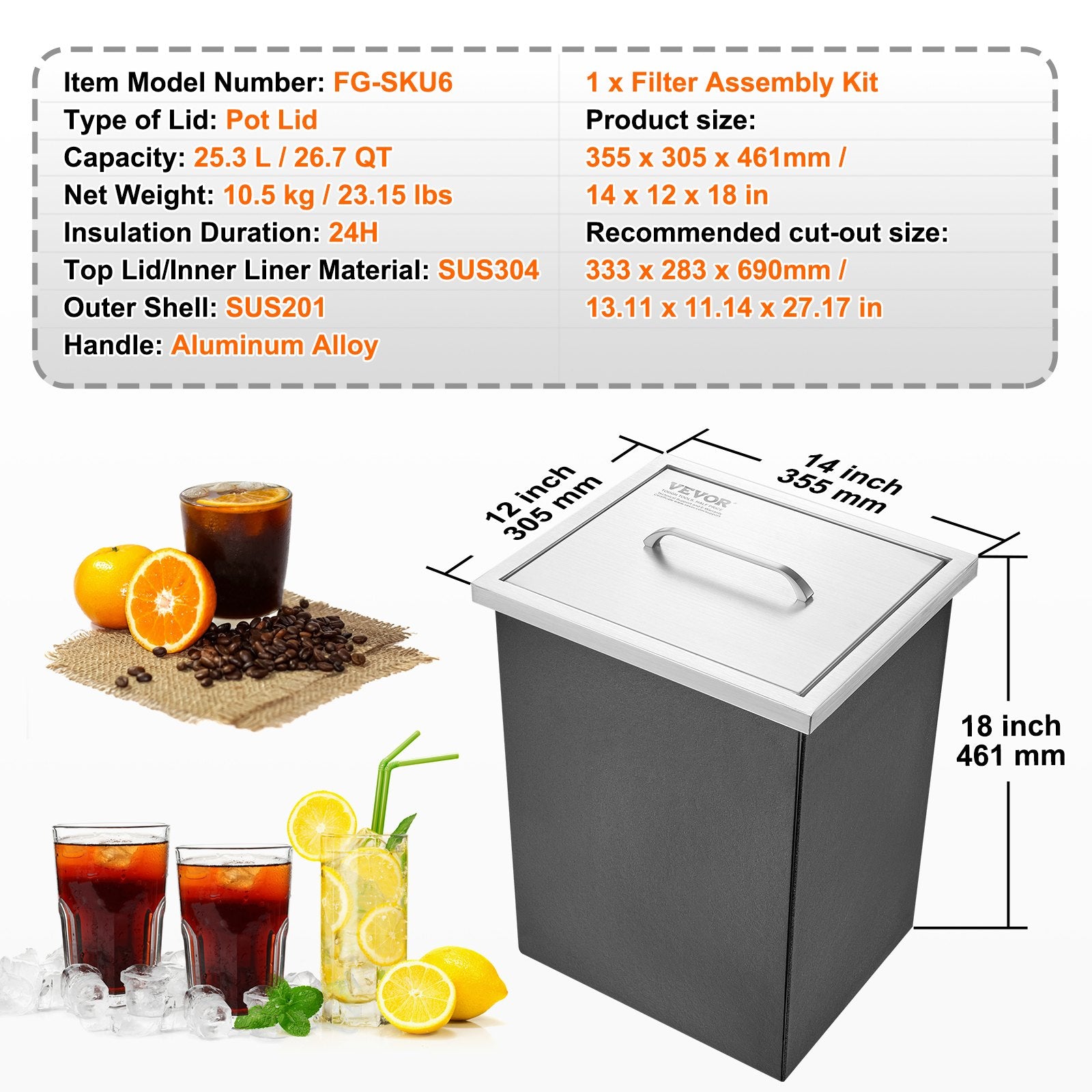 Įmontuojama ledo talpa VEVOR FG-SKU6, 25,3 l