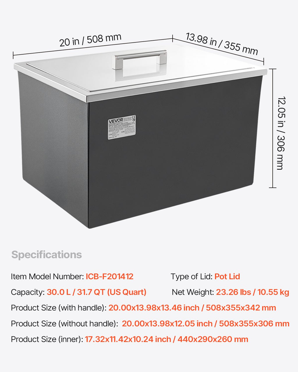 Įmontuojama ledo talpa VEVOR ICB-F201412, 30 l