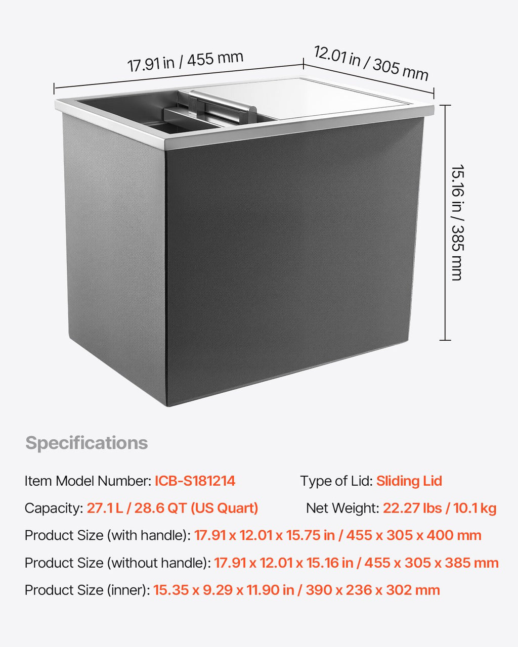 Įleidžiama ledo talpa VEVOR ICB-S181214, 27,1 l
