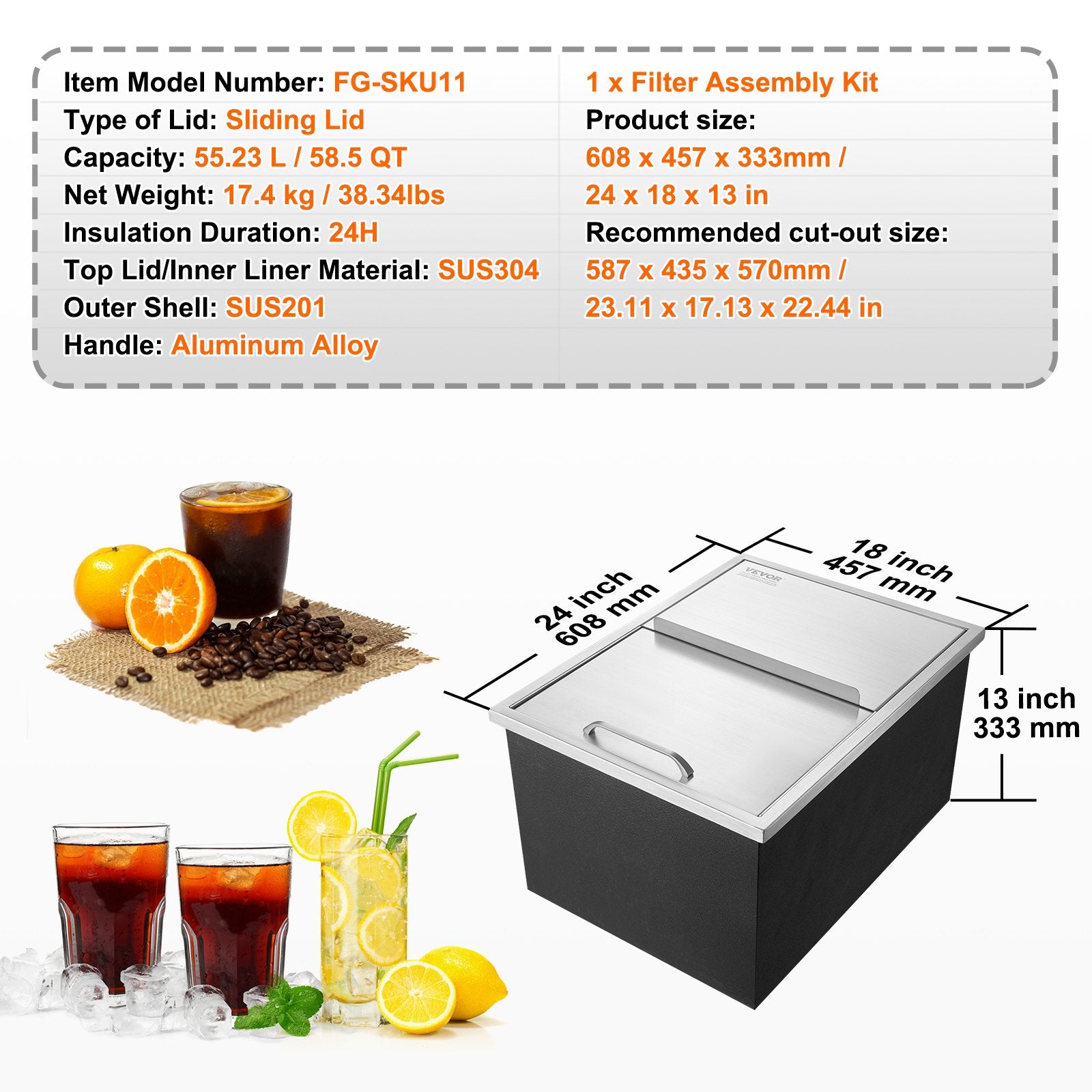 Įleidžiama ledo talpa VEVOR FG-SKU11, 55,2 l