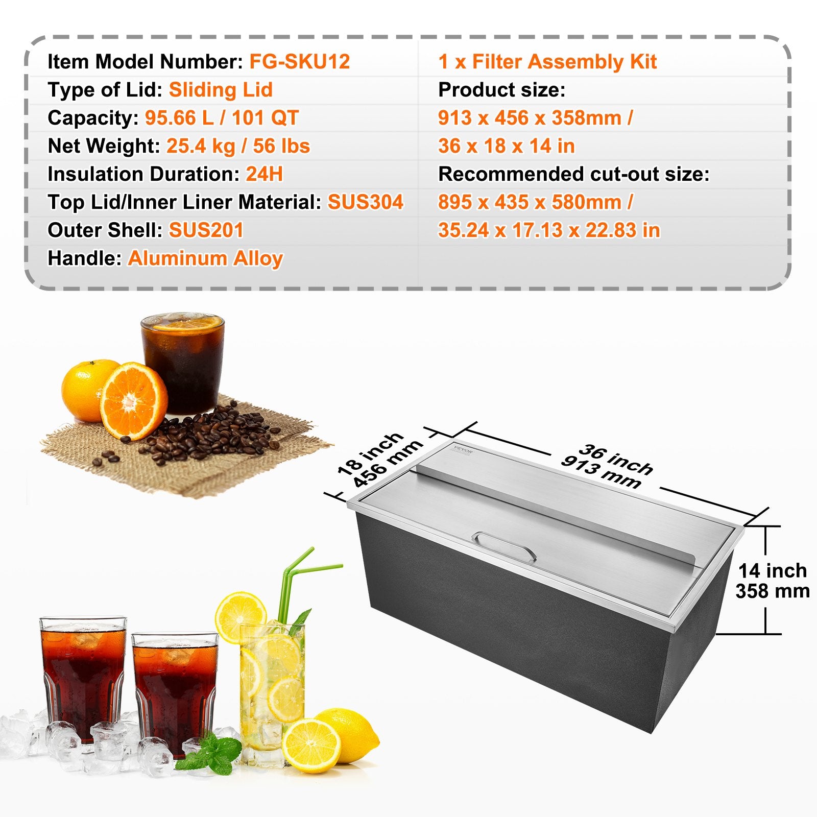 Įmontuojama ledo talpa VEVOR FG-SKU12, 95,6 l
