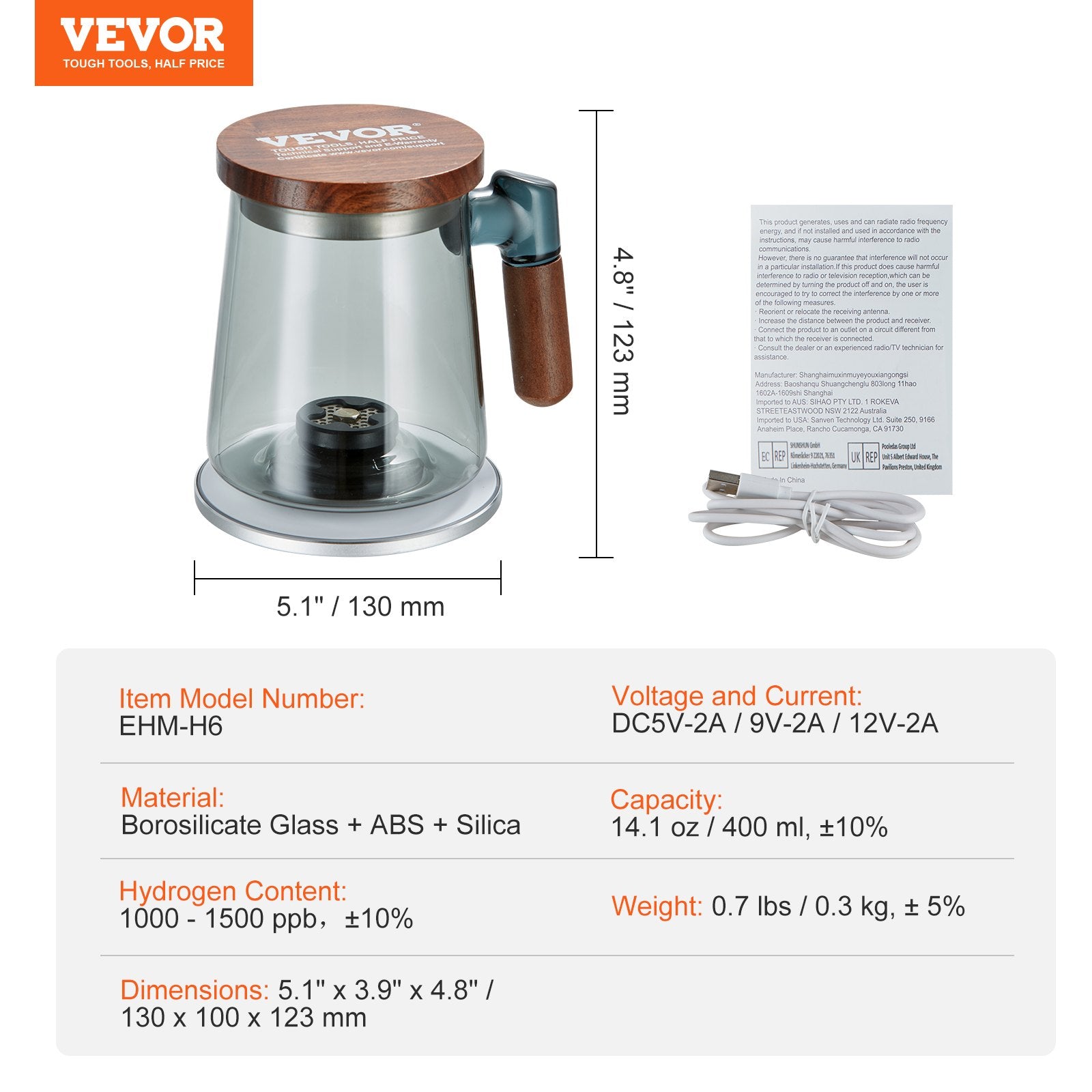 Vandenilio vandens generatorius VEVOR EHM-H6, 400 ml