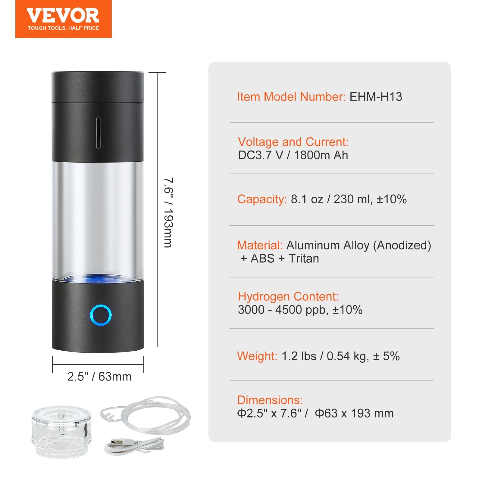Vandenilio vandens generatorius VEVOR EHM-H13, 230 ml