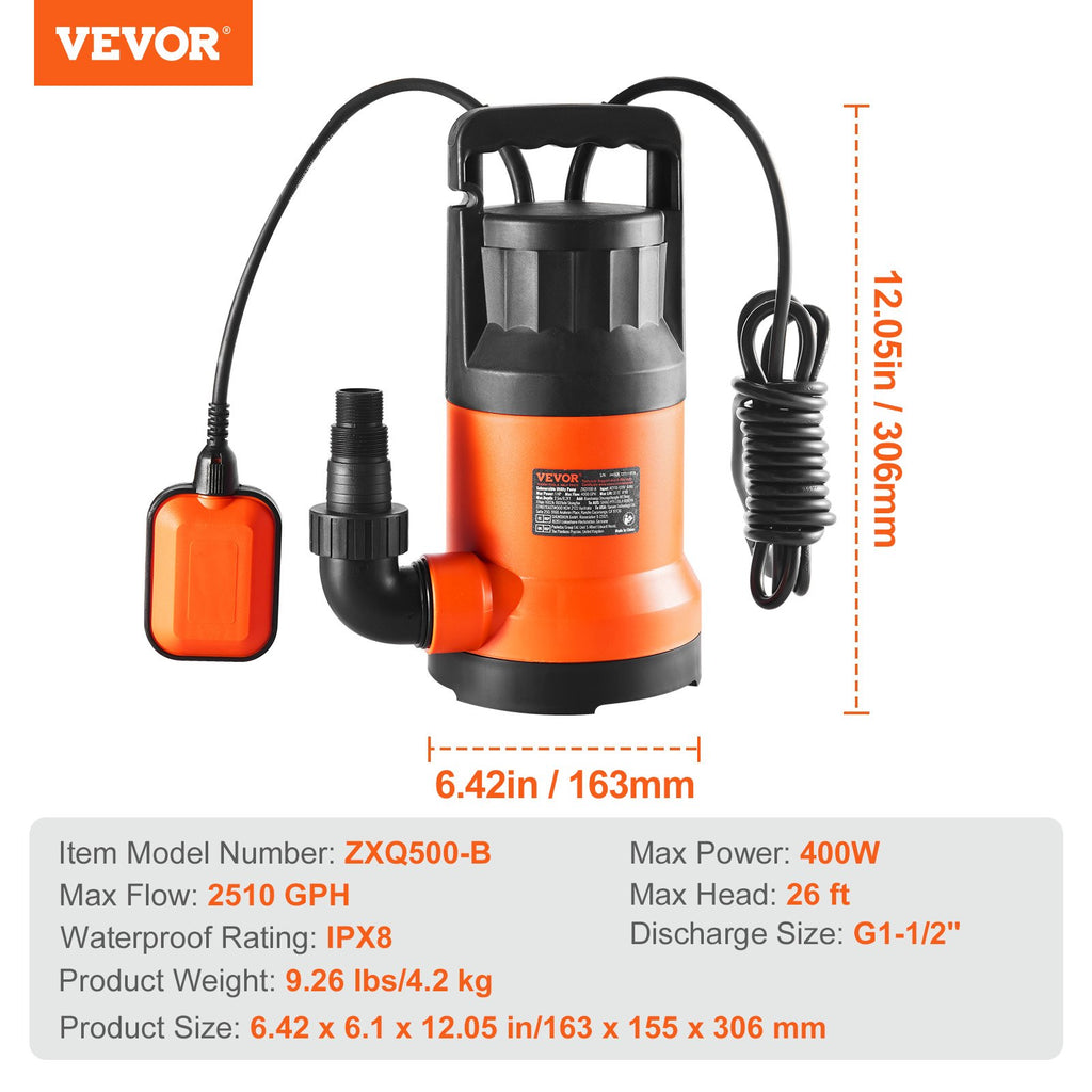 Panardinamas drenažinis siurblys VEVOR ZXQ500-B, 400W