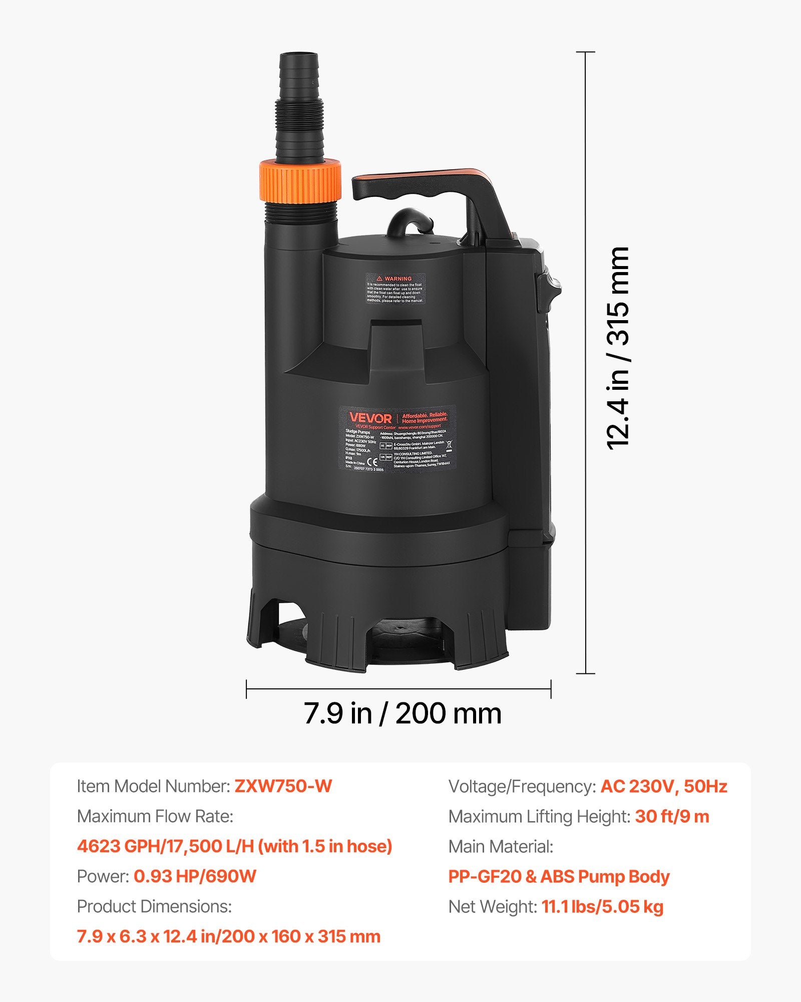 Panardinamas vandens siurblys VEVOR ZXW750-W, 17500 l/val.