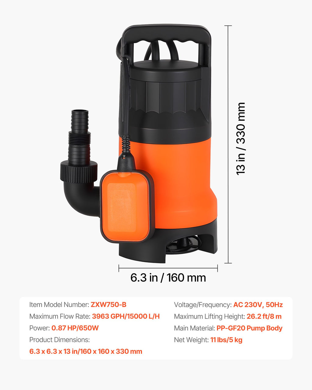 Panardinamas drenažinis siurblys VEVOR ZXW750-B, 650 W, 15000 l/val.