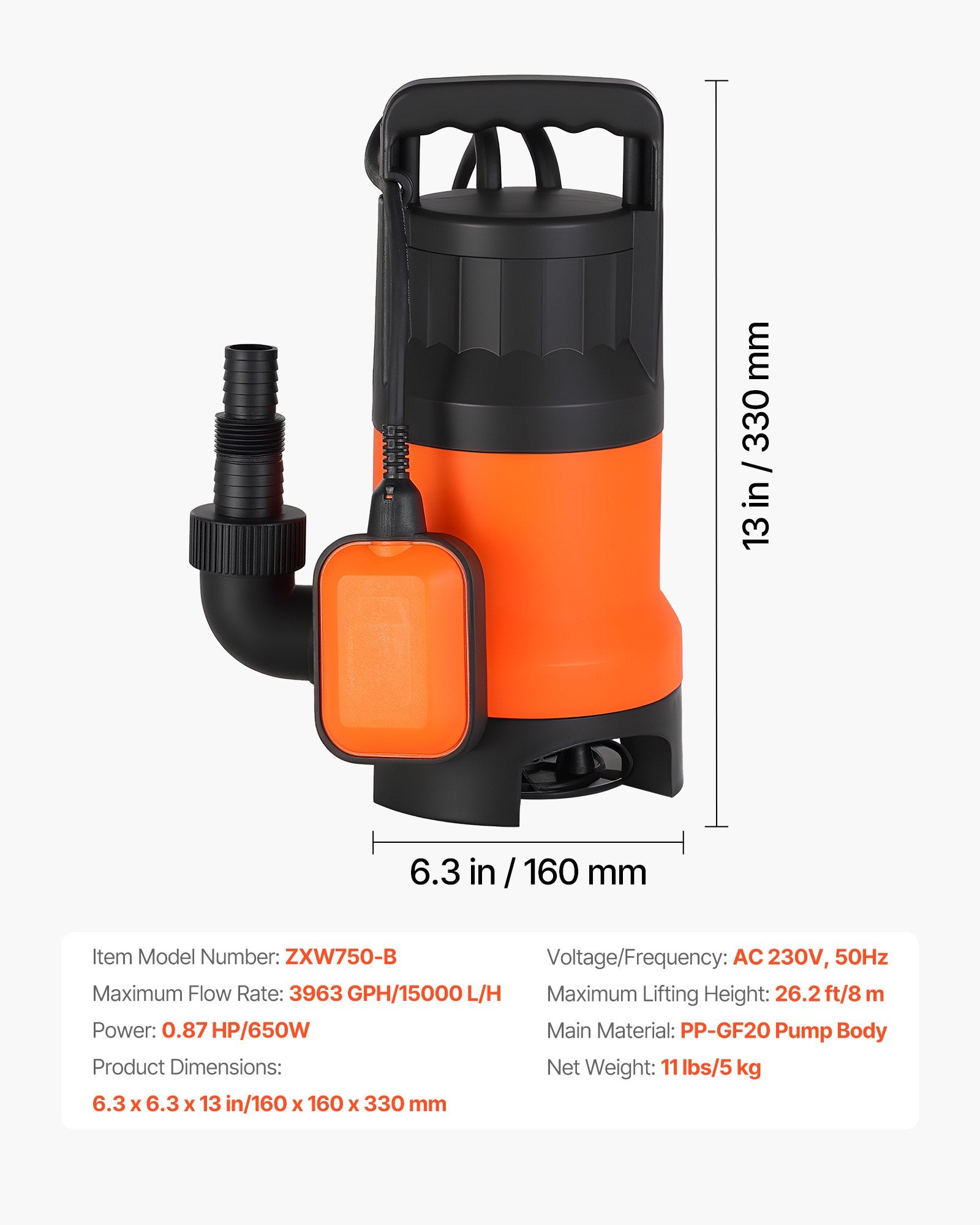 Panardinamas drenažinis siurblys VEVOR ZXW750-B, 650 W, 15000 l/val.