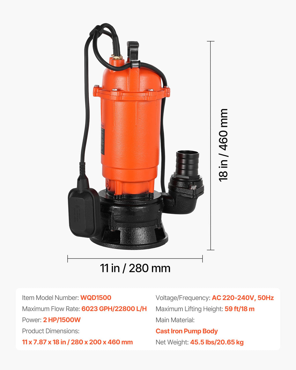 Panardinamas nuotekų siurblys VEVOR WQD1500, 1500 W