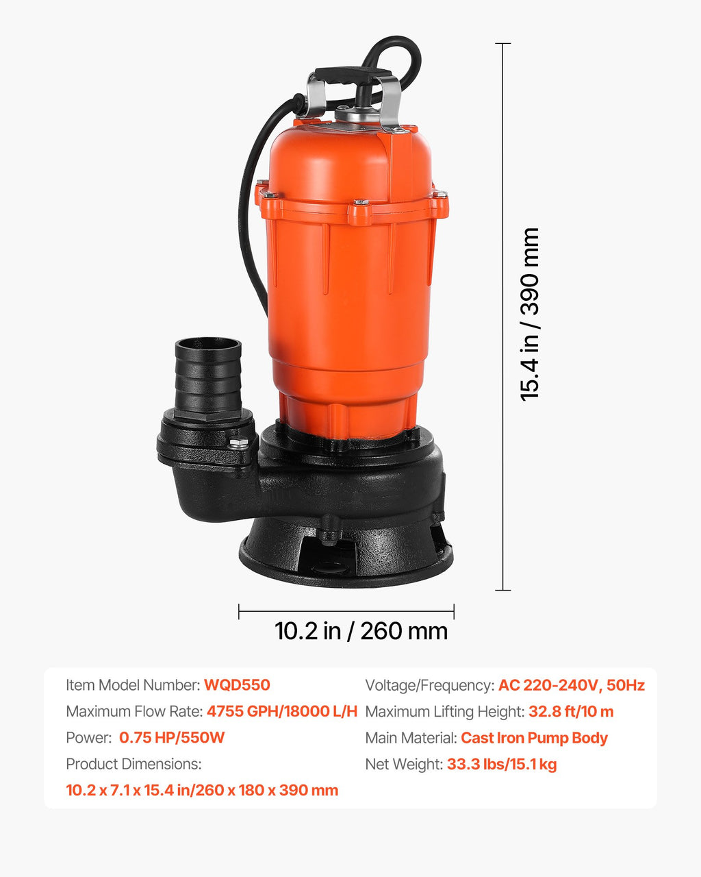 Panardinamas nešvaraus vandens siurblys VEVOR WQD550, 550 W