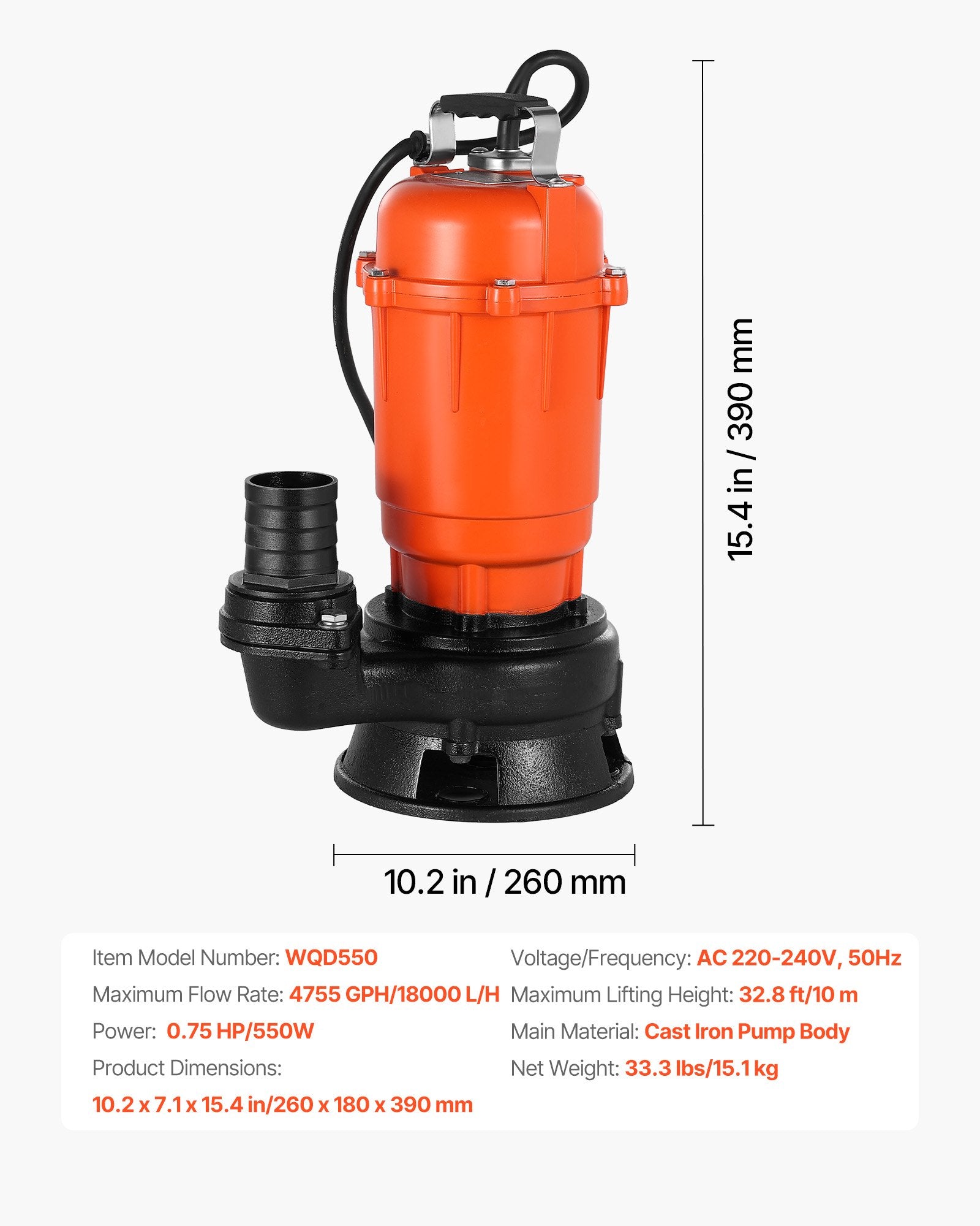 Panardinamas nešvaraus vandens siurblys VEVOR WQD550, 550 W