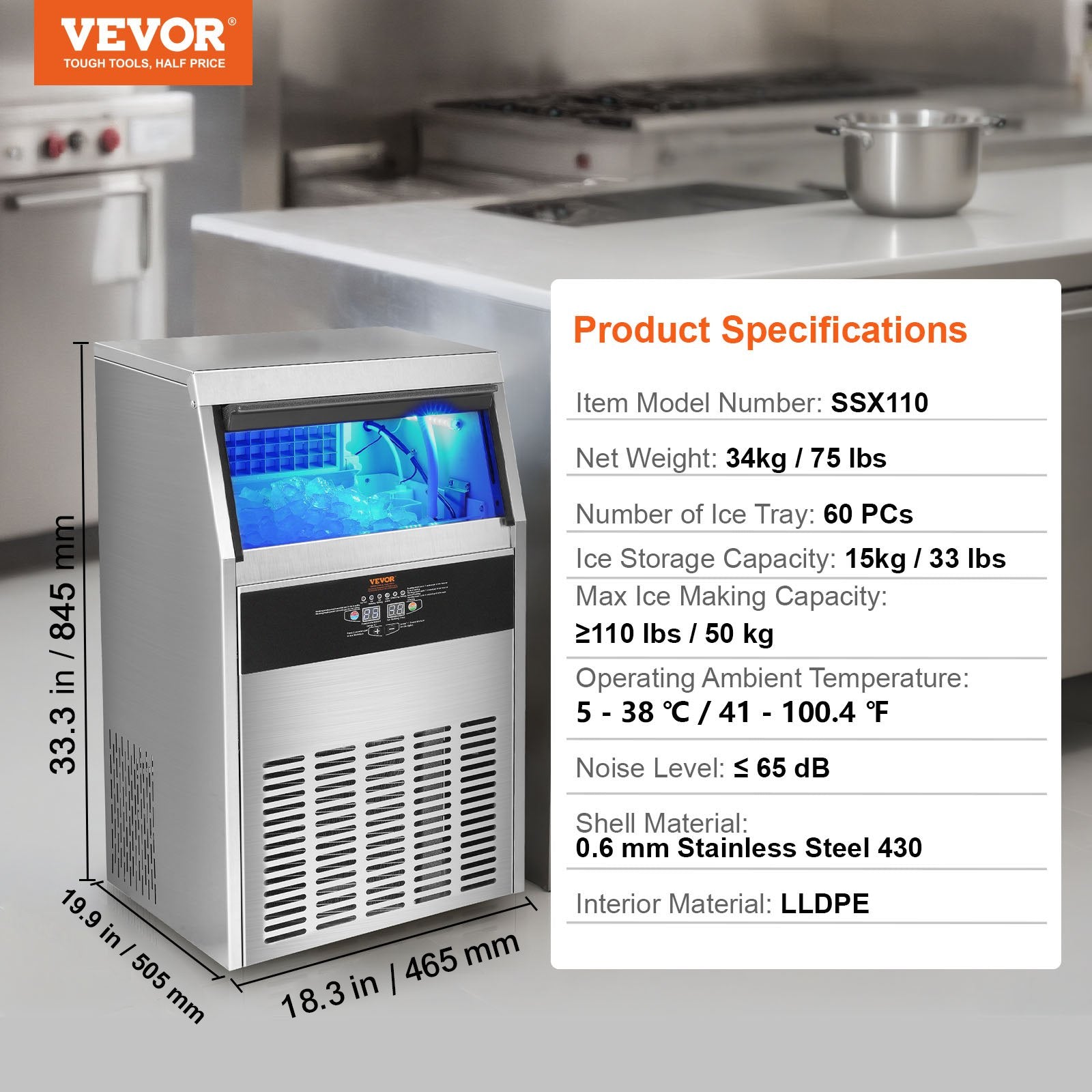 Pramoninis ledo generatorius VEVOR SSX110, 53 kg/24h