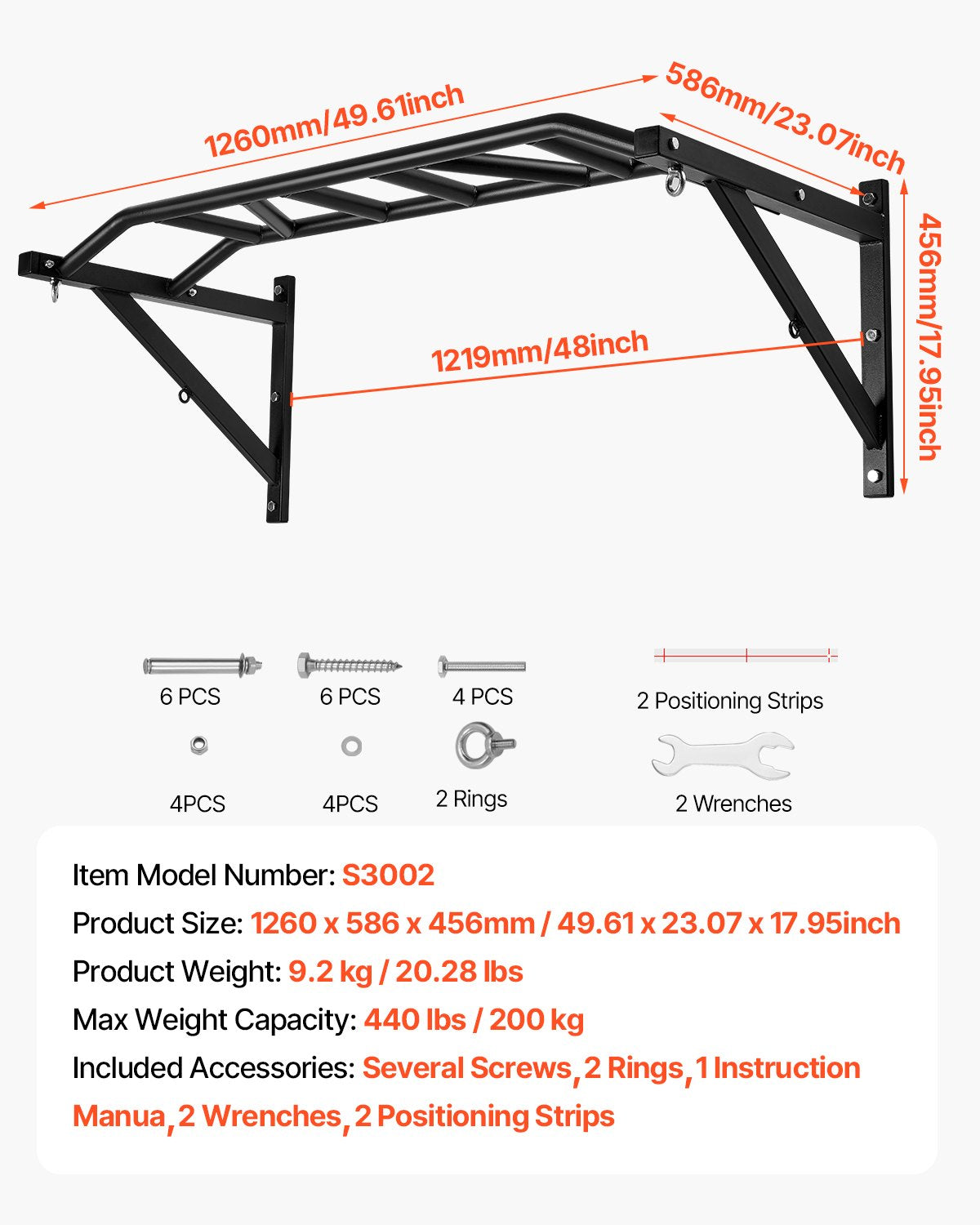 Sieninis prisitraukimų skersinis VEVOR S3002, 200 kg keliamoji galia