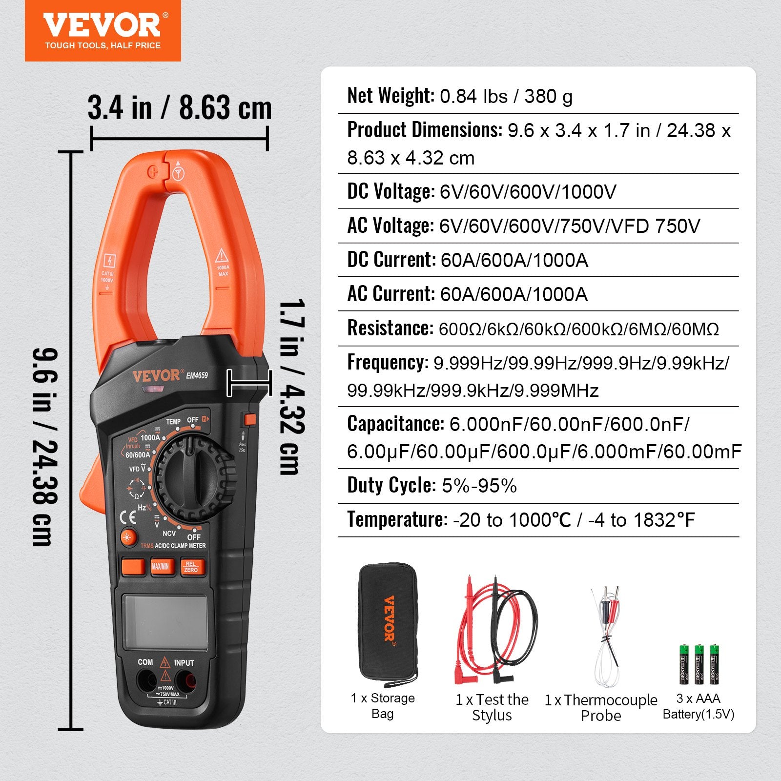 Skaitmeninis srovės matuoklis (replės) VEVOR EM4659A, 1000A T-RMS