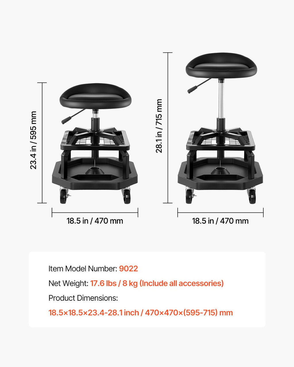 Ratukinė dirbtuvių kėdė VEVOR 9022, 136 kg keliamoji galia