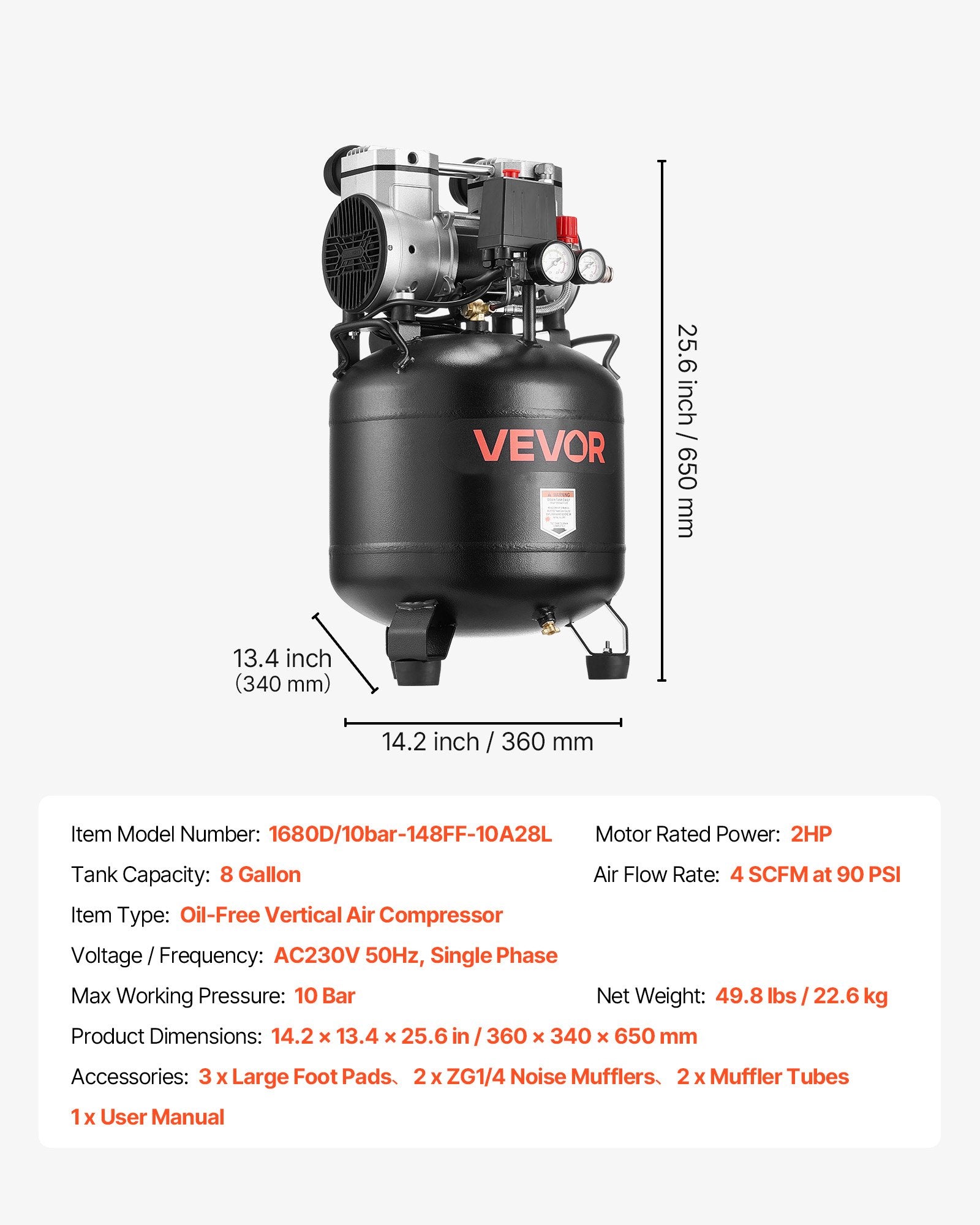 Oro kompresorius VEVOR 1680D/10bar-148FF-10A28L, 30 l