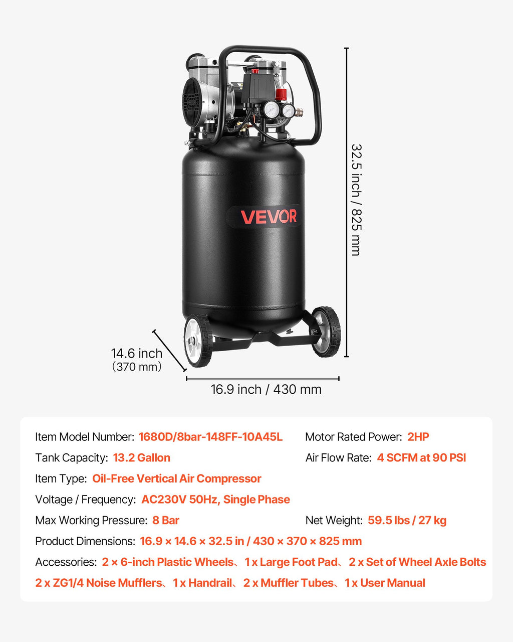 Oro kompresorius VEVOR 1680D/8bar-148FF-10A45L, 50 l