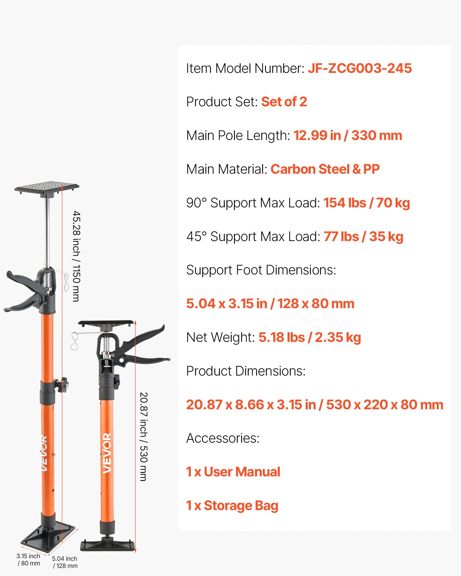 Teleskopiniai atraminiai strypai VEVOR JF-ZCG003-245, 54–155 cm