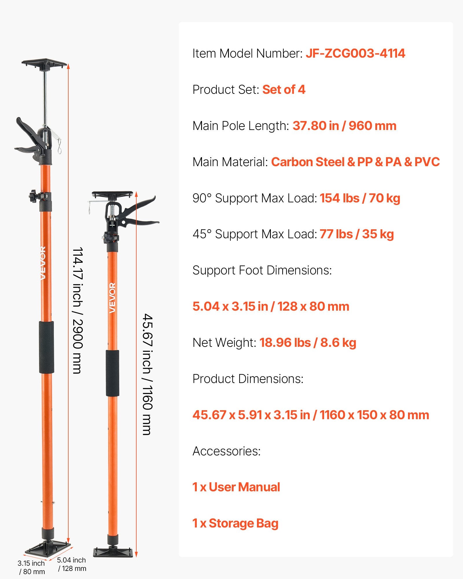 Teleskopinis atraminis strypas VEVOR JF-ZCG003-4114, 116–290 cm