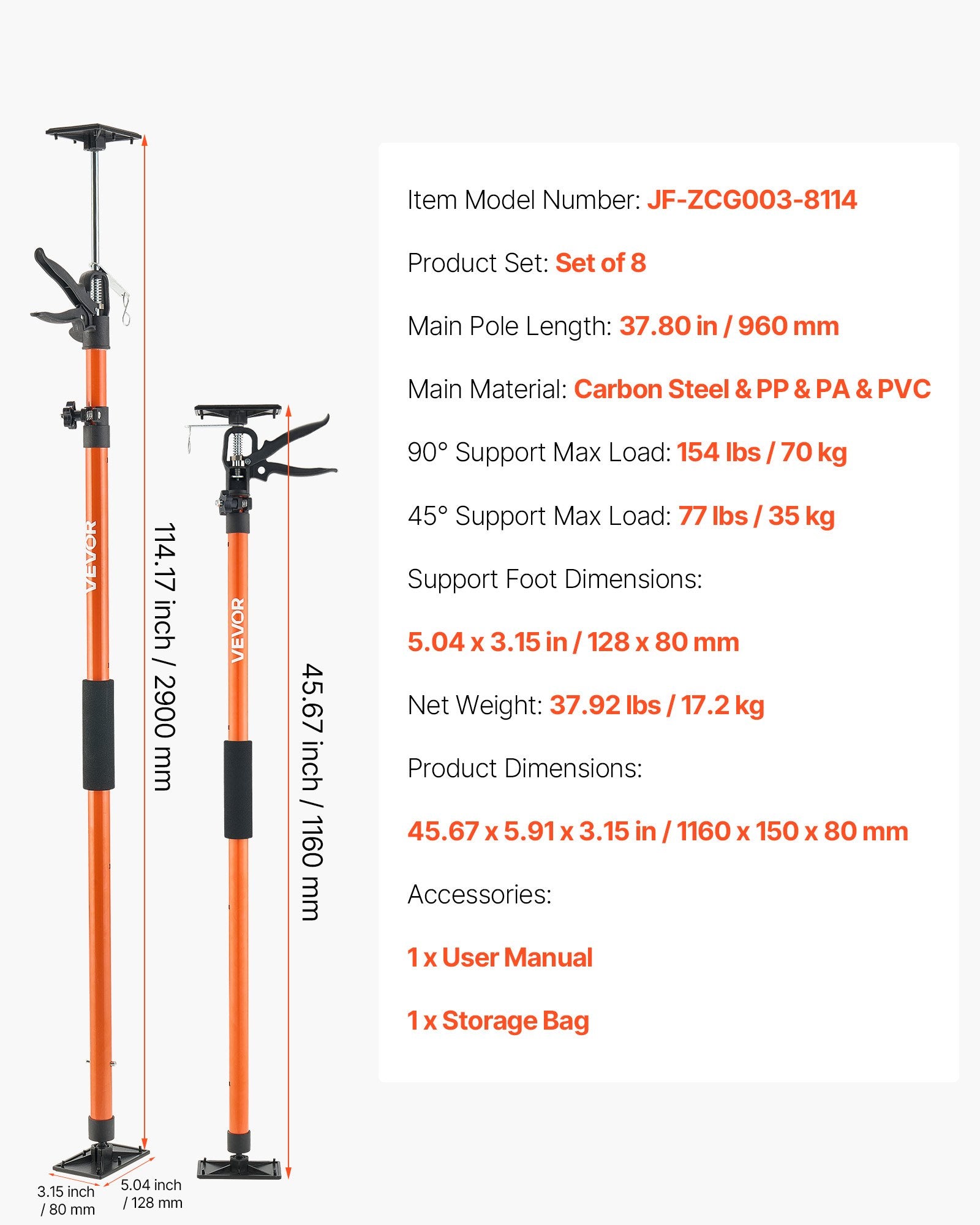 Teleskopinis atraminis strypas VEVOR JF-ZCG003-8114, 116–290 cm, 8 vnt.