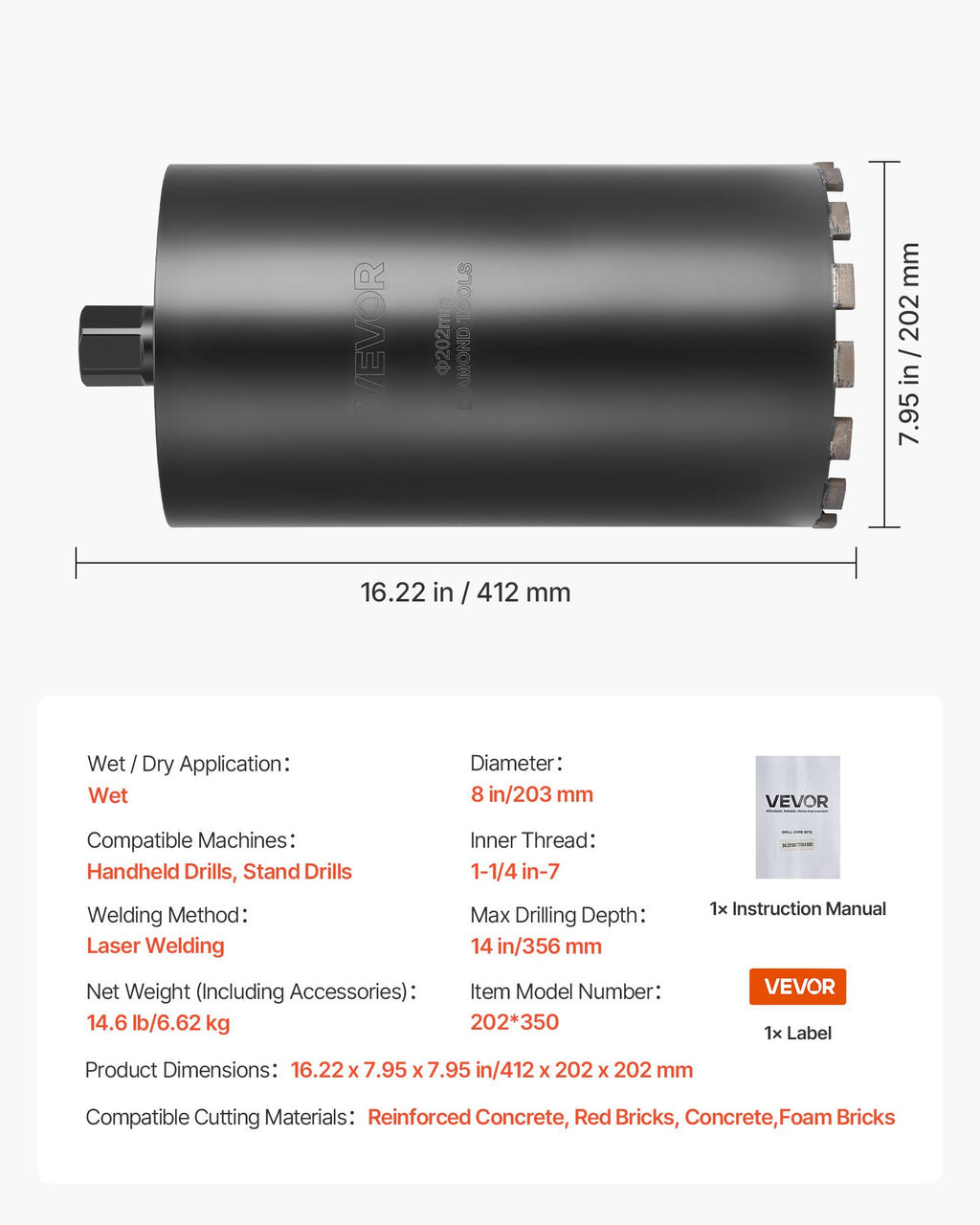 Deimantinė gręžimo karūna VEVOR 202*350, 203 mm skersmens