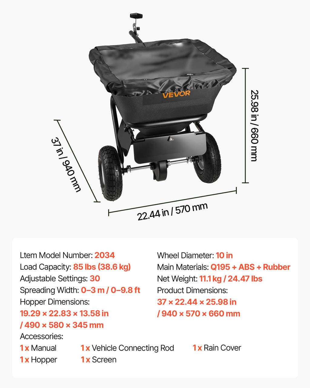 Prikabinamas vejos barstytuvas VEVOR 2034, 38,6 kg talpa