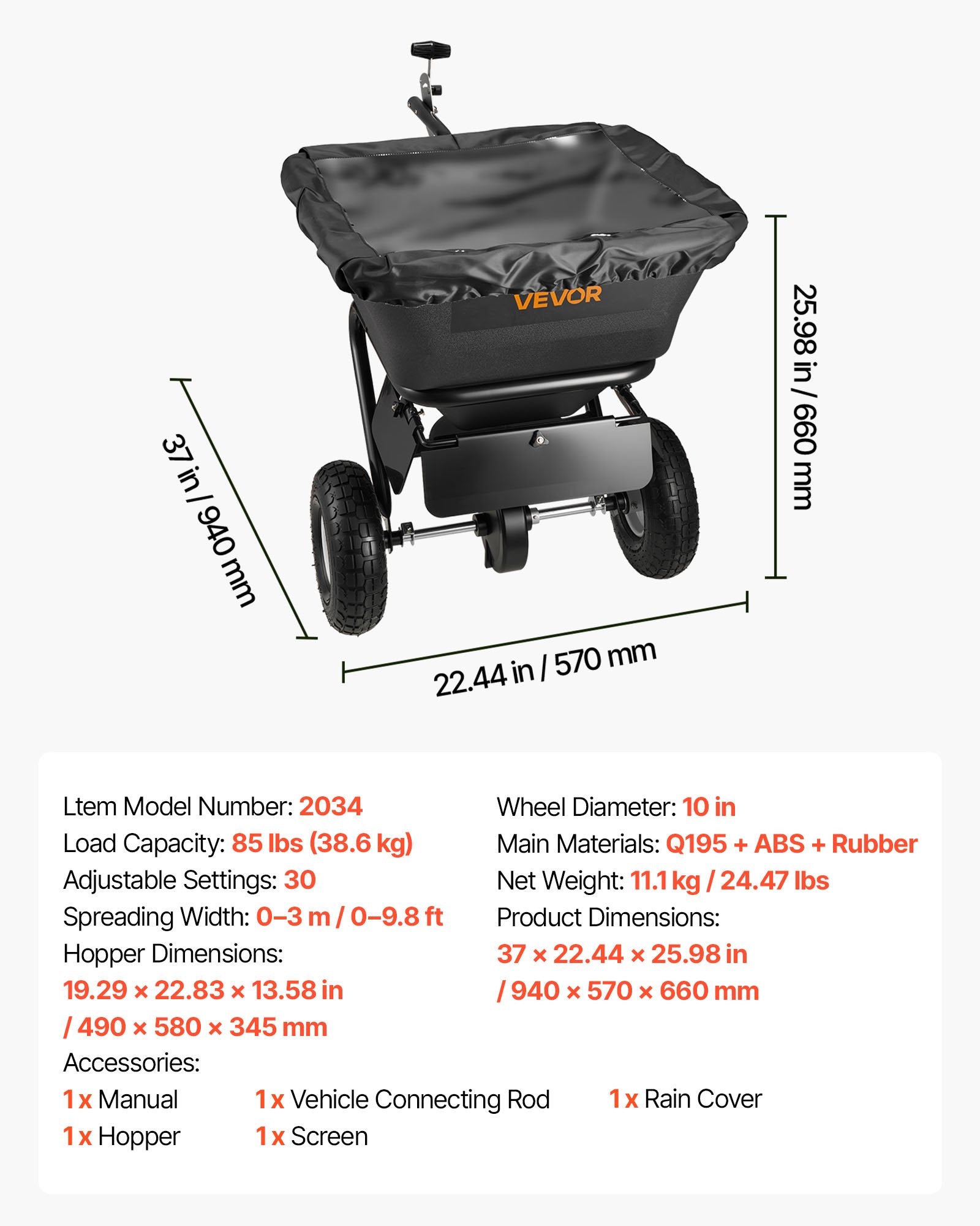 Prikabinamas vejos barstytuvas VEVOR 2034, 38,6 kg talpa