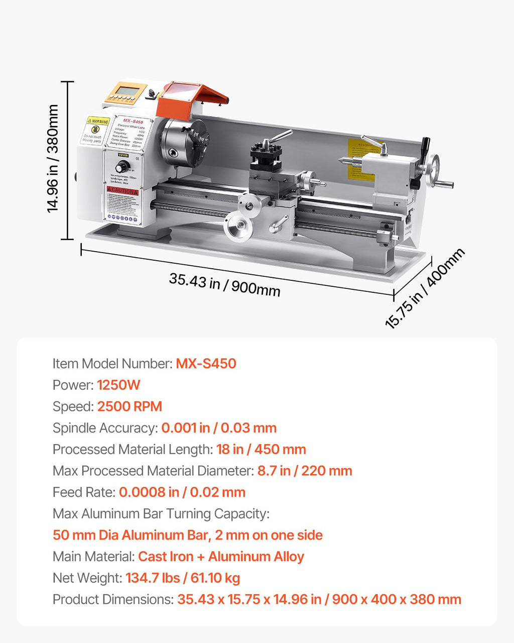 Metalo tekinimo staklės VEVOR MX-S450, 1250W