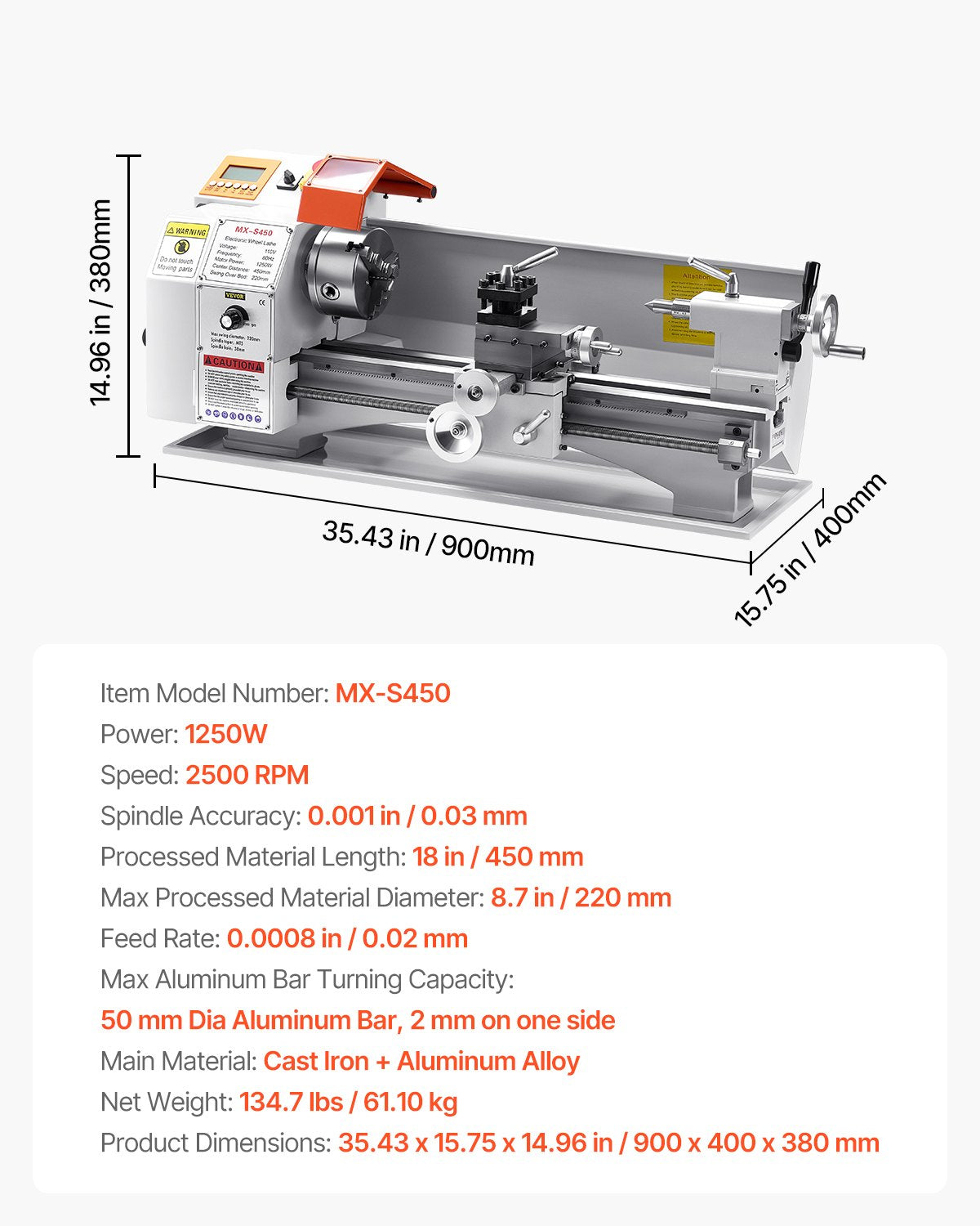 Metalo tekinimo staklės VEVOR MX-S450, 1250W