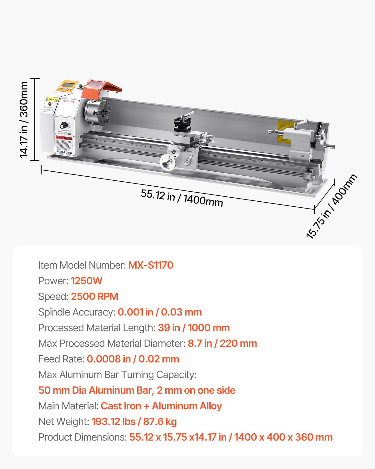 Metalo tekinimo staklės VEVOR MX-S1170, 1250 W
