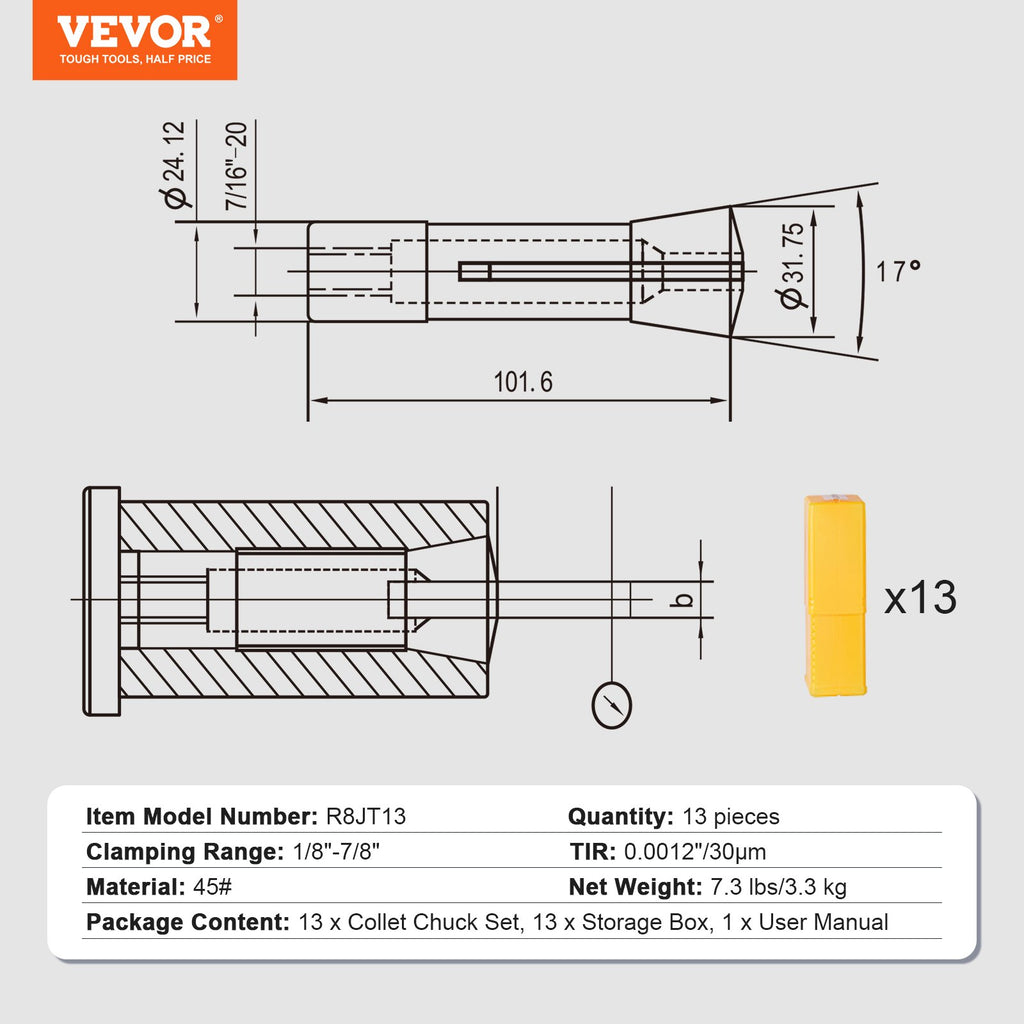 R8 įvorių rinkinys VEVOR R8JT13, 13 vnt., 1/8"–7/8"