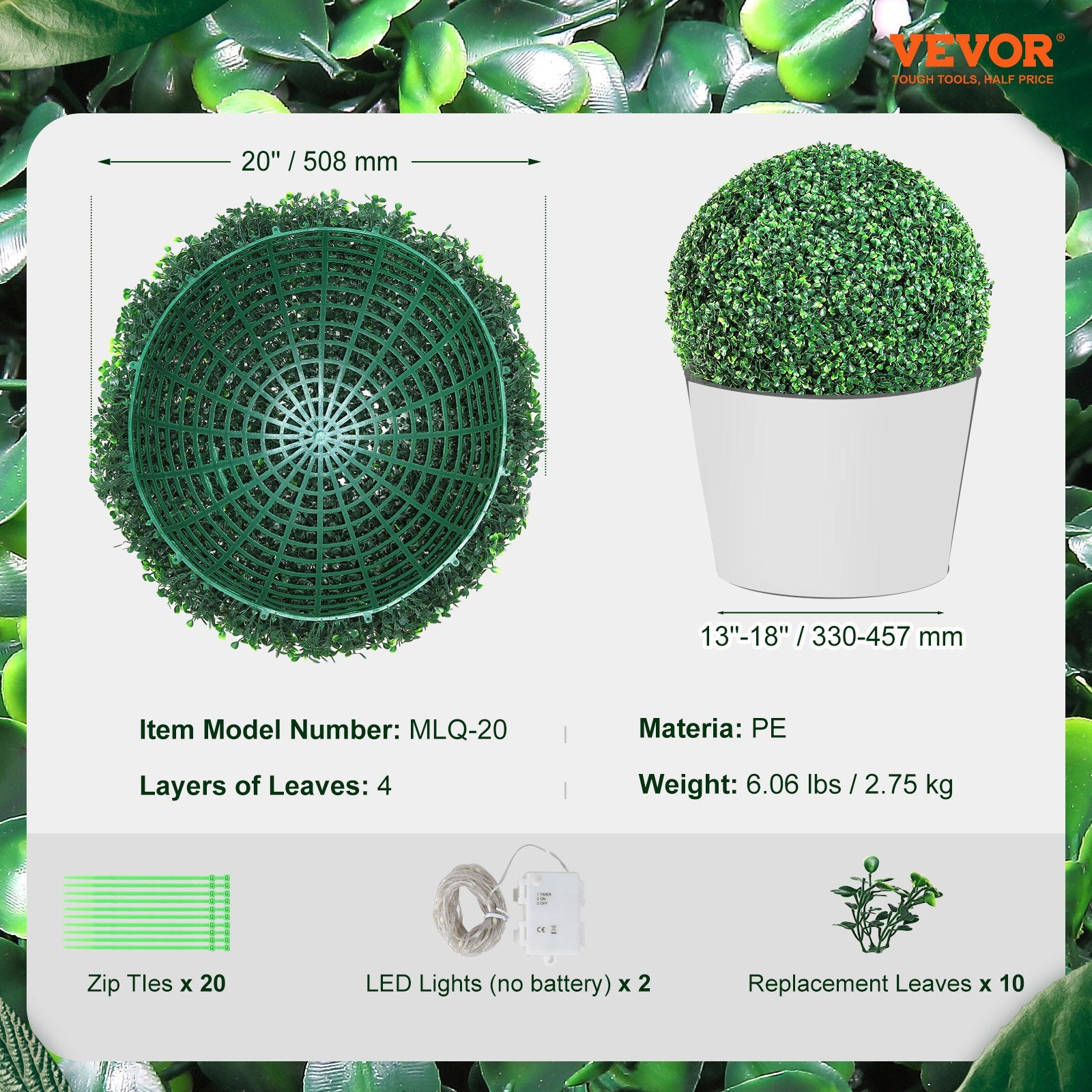 Dirbtiniai buksmedžio rutuliai VEVOR MLQ-20, 50,8 cm (2 vnt.)