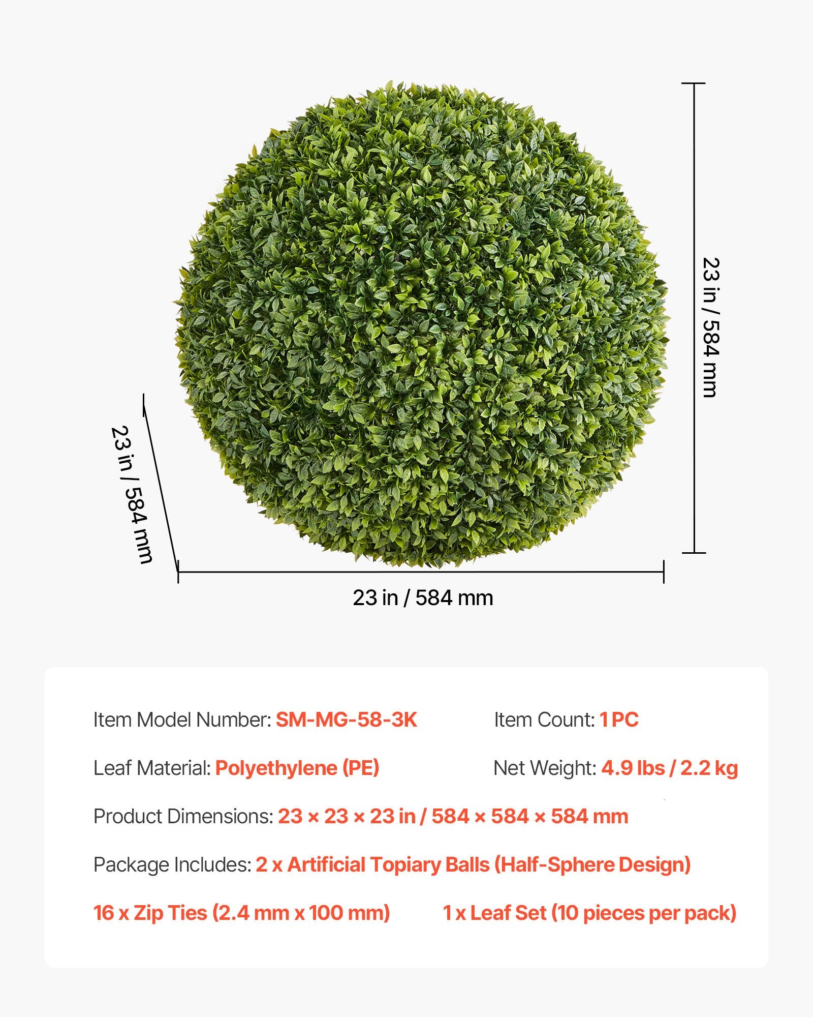 Dirbtinis dekoratyvinis rutulys VEVOR SM-MG-58-3K, 584 mm