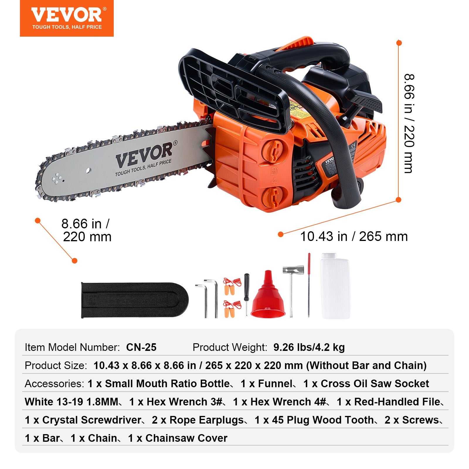 Benzininis grandininis pjūklas VEVOR CN-25, 25,4 cm³