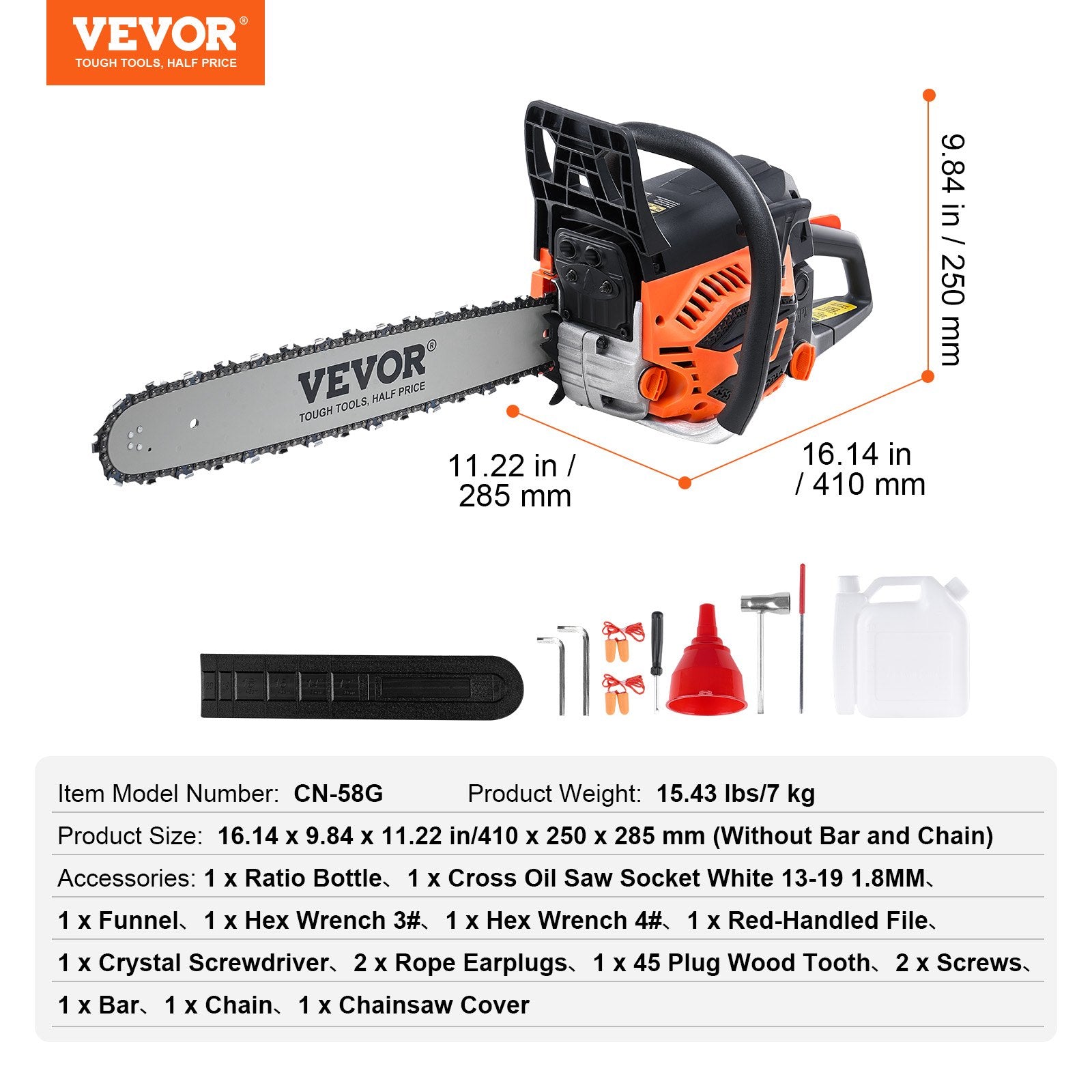 Benzininis grandininis pjūklas VEVOR CN-58G, 58 cm³