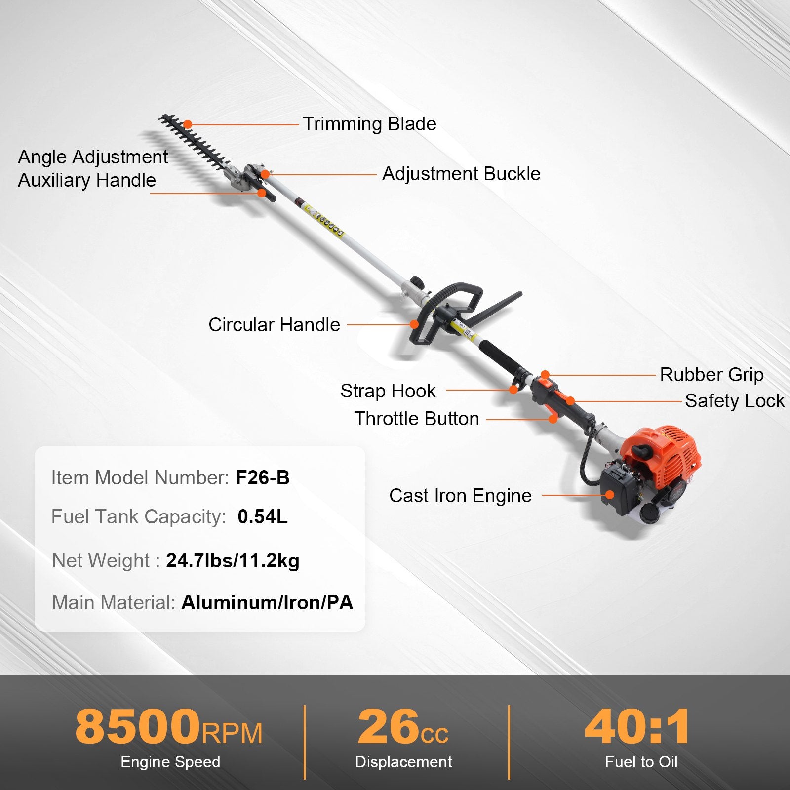 Benzininės aukštapjovės gyvatvorių žirklės VEVOR F26-B, 26 cm³