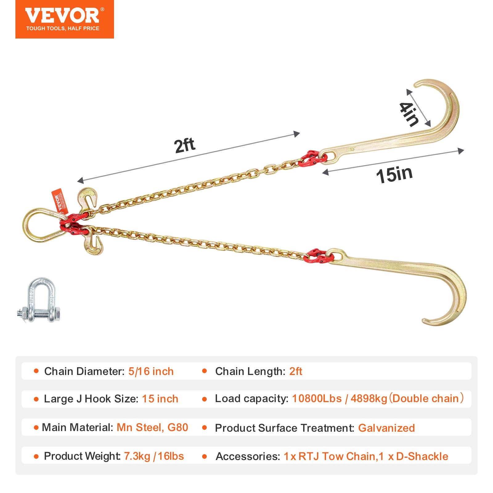 V formos vilkimo grandinė VEVOR RTJ5/16*2FT-A3, 4,9 t keliamoji galia