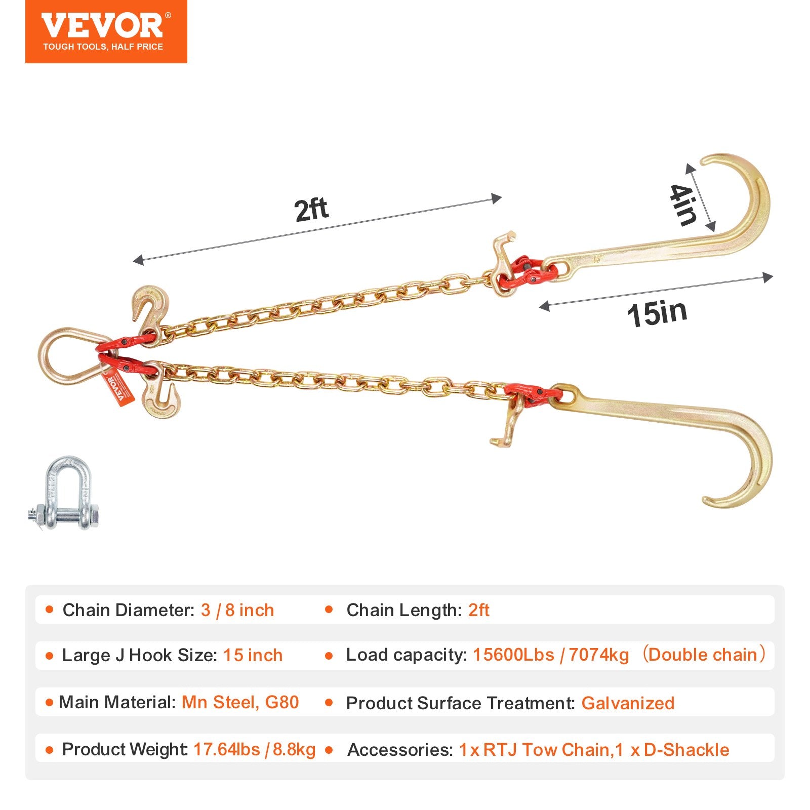 V formos vilkimo grandinė VEVOR RTJ3/8*2FT-A1, 7074 kg