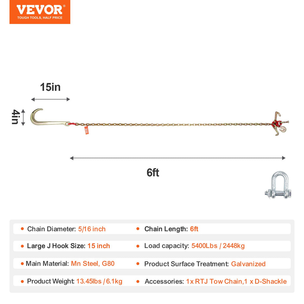 Vilkimo grandinė su kabliais VEVOR RTJ5/16*6FT-A1, 2448 kg keliamoji galia