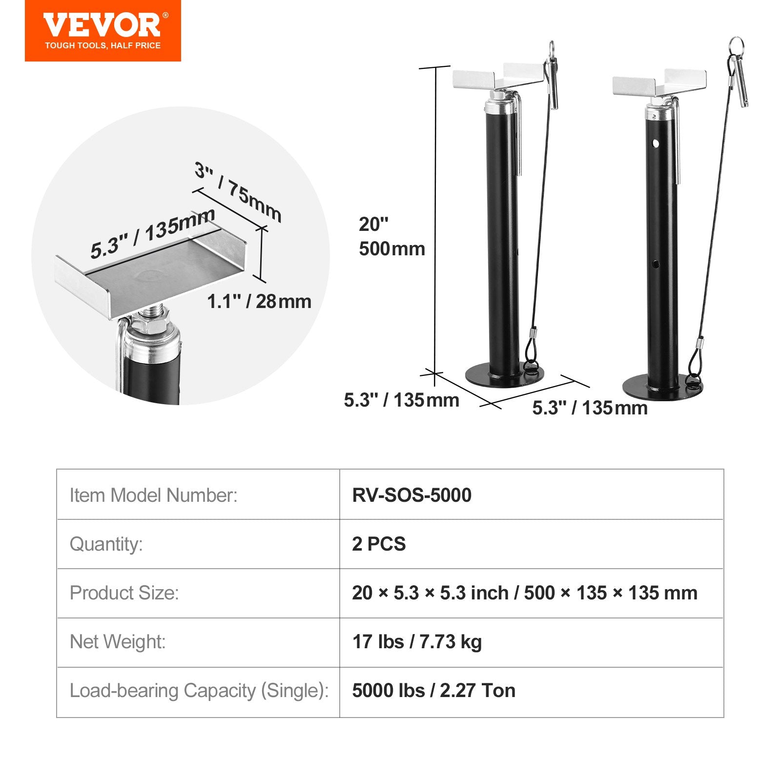 Kemperio išstumiamos dalies atramos VEVOR RV-SOS-5000, 2270 kg galia