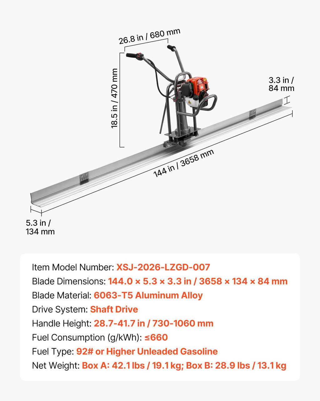 Benzininė betono lyginimo liniuotė VEVOR XSJ-2026-LZGD-007, 3658 mm