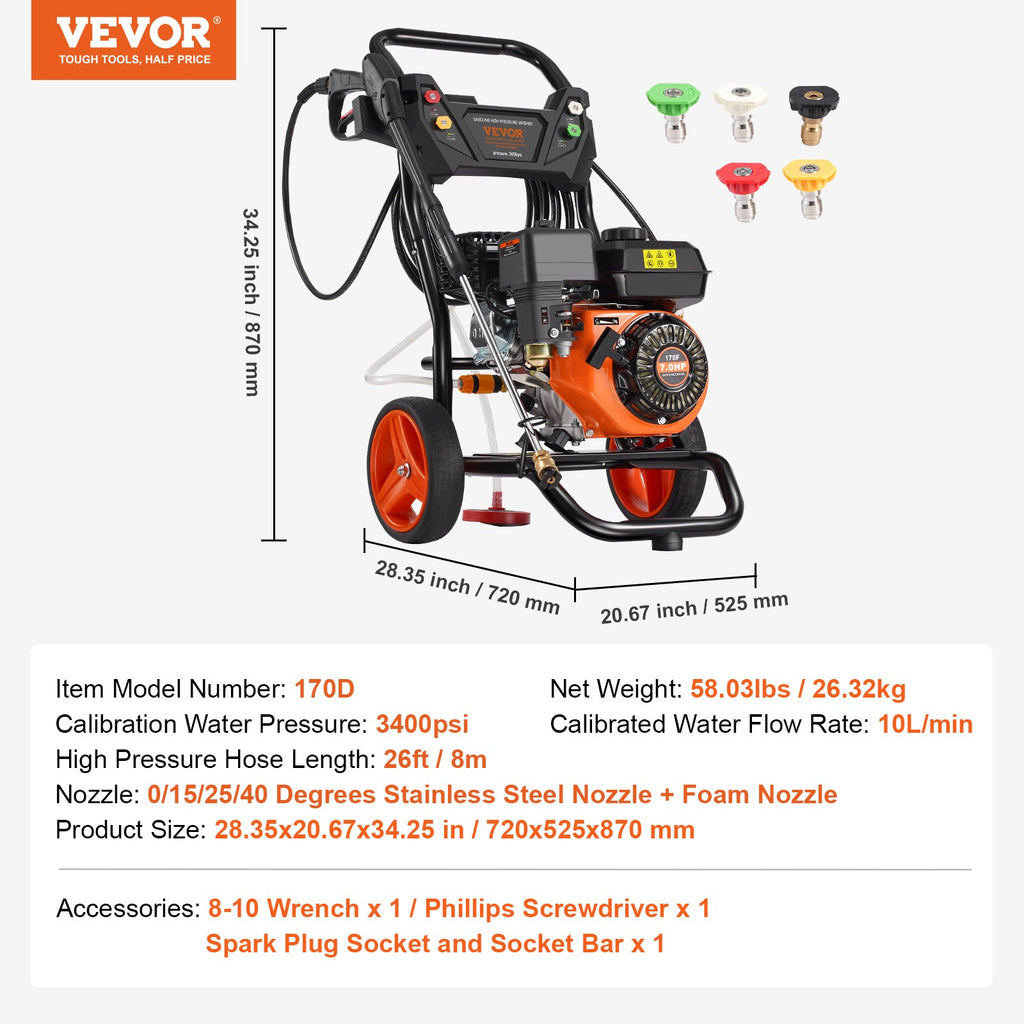 Benzininis aukšto slėgio plovimo įrenginys VEVOR 170D, 3400 PSI