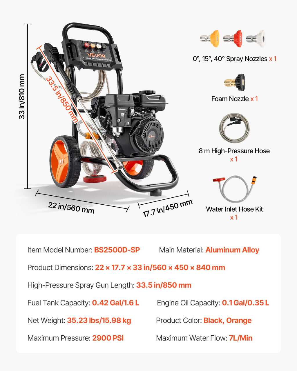 Benzininis aukšto slėgio plovimo įrenginys VEVOR 2500D-SP, 2900 PSI