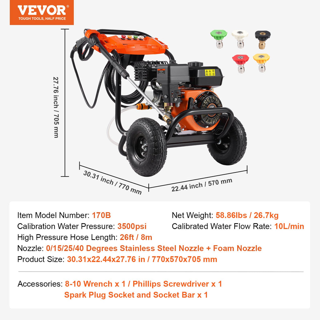 Benzininis aukšto slėgio plovimo įrenginys VEVOR 170B, 3500 PSI