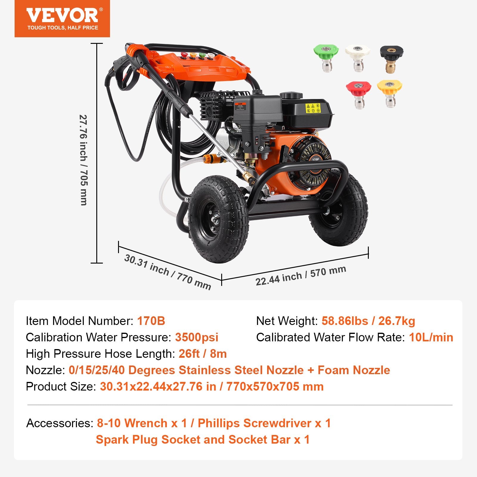 Benzininis aukšto slėgio plovimo įrenginys VEVOR 170B, 3500 PSI
