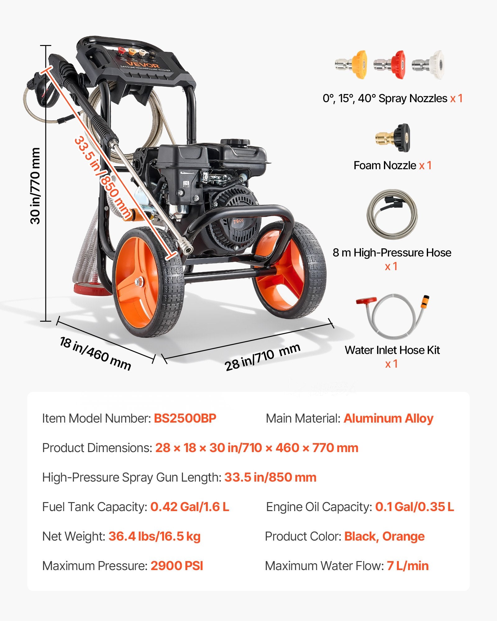 Benzininis aukšto slėgio plovimo įrenginys VEVOR 2500BP, 2900 PSI