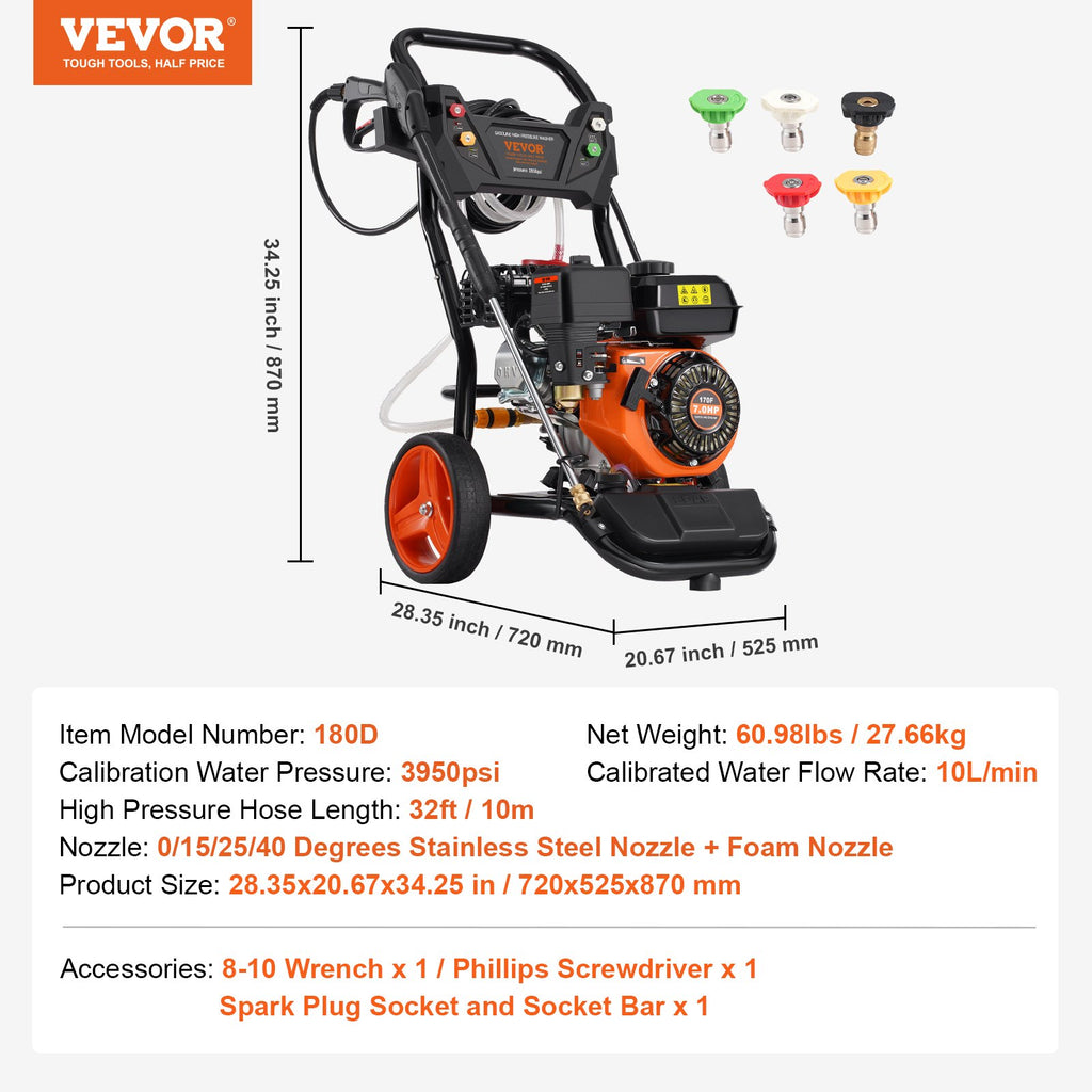 Benzininis aukšto slėgio plovimo įrenginys VEVOR 180D, 3950 PSI