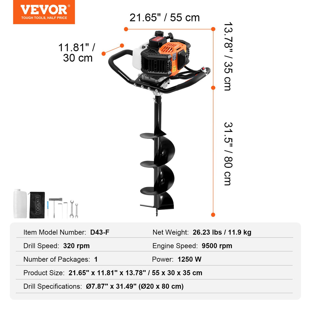 Benzininis žemės grąžtas VEVOR D43-F, 1250 W