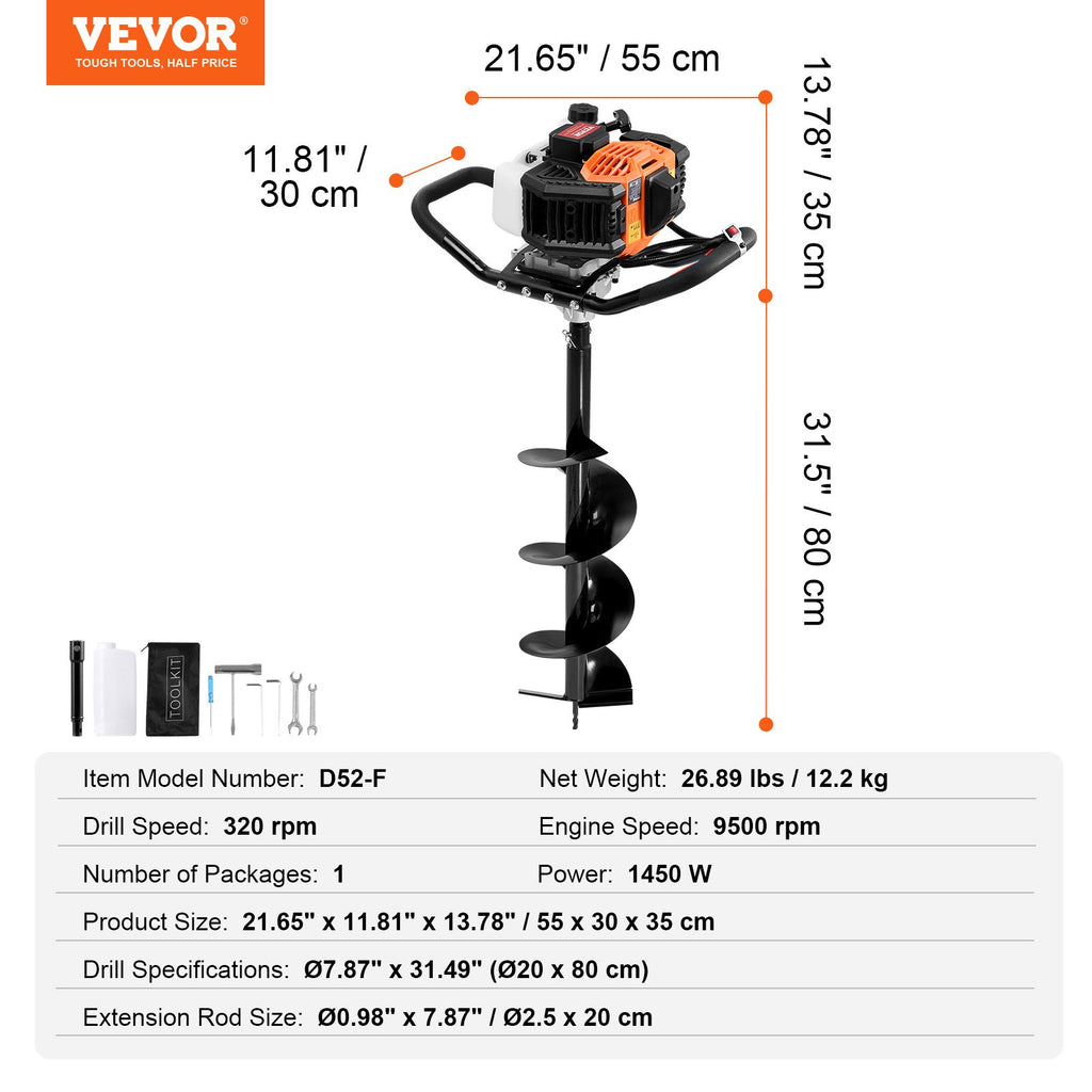 Benzininis žemės grąžtas VEVOR D52-F, 1450 W